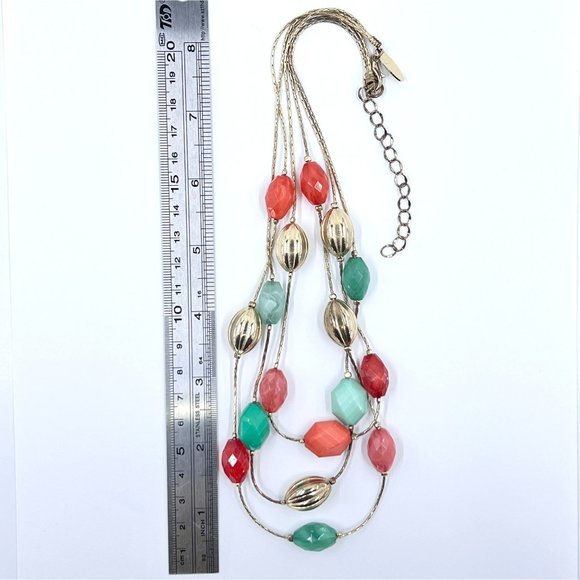 Coral & Green Beaded Multi Strand Gold Tone 16” Chain Necklace - Picture 7 of 7